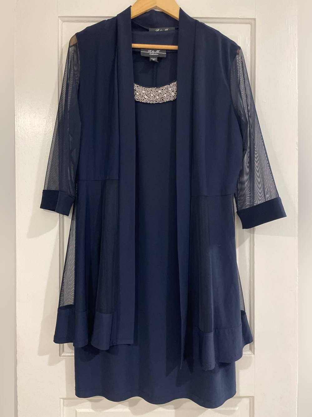 R&M Navy 2-Piece Dress with Mesh Overlay Jacket and Rhinestone Accent Size 12